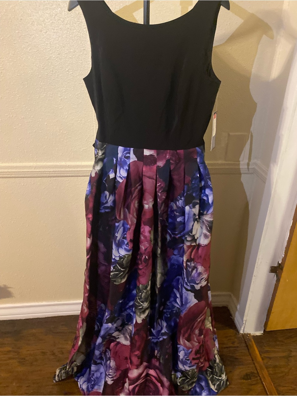 Tahari Black Bodice with Purple and Pink Floral Skirt Prom Dress